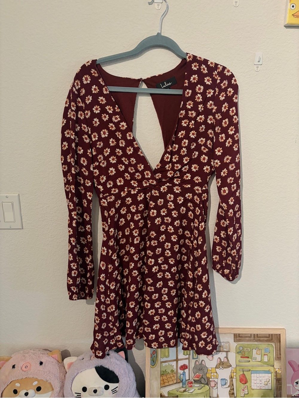 Lulu's Burgundy Floral V-Neck Long Sleeve Dress
